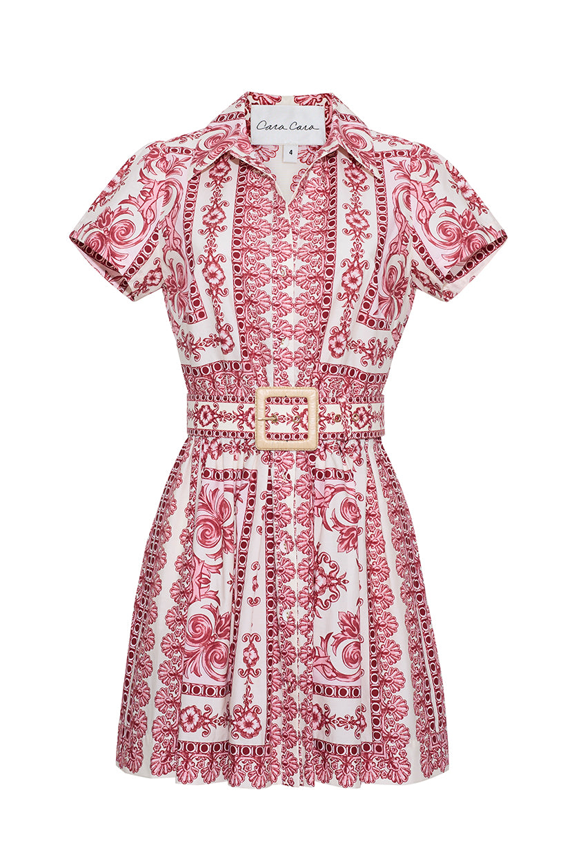 Front view of Noela mini dress in Hudson Scarf Egret showing collared neckline, puffed short sleeves, and raffia buckle belt