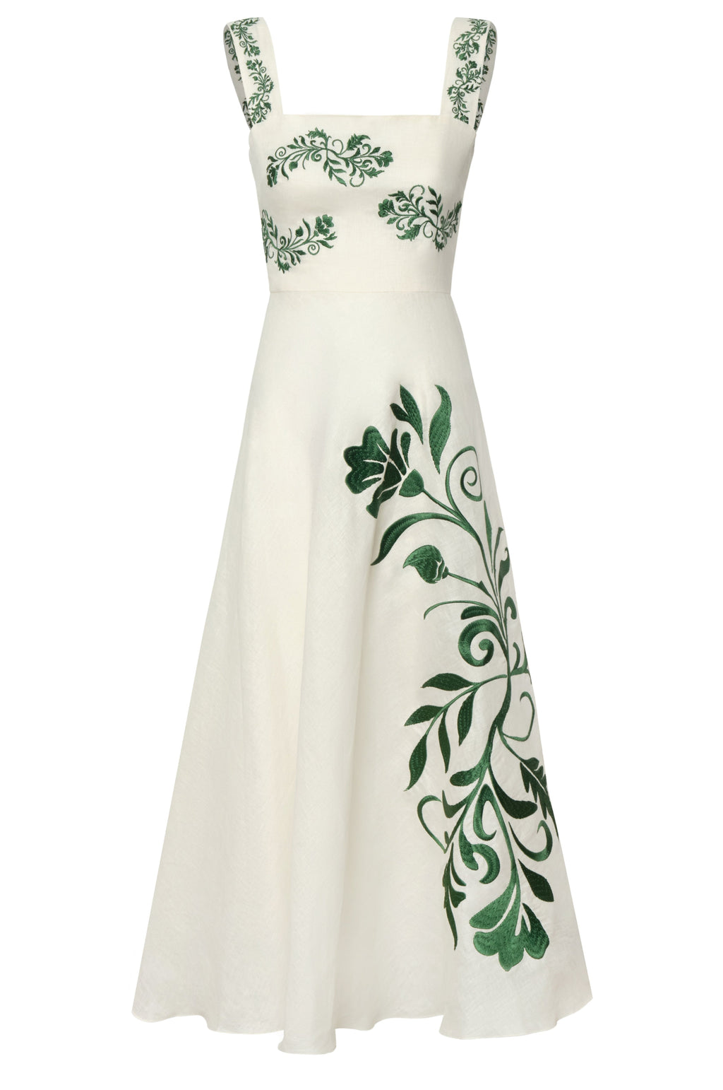 Noelia Embroidered Linen Midi Dress in Ivory Green Buganvilias