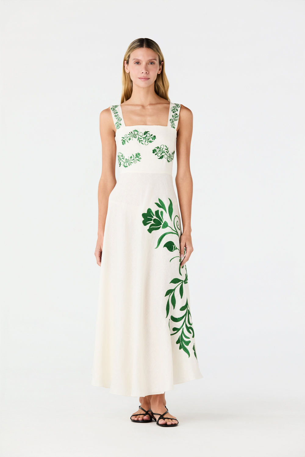 Noelia Embroidered Linen Midi Dress in Ivory Green Buganvilias