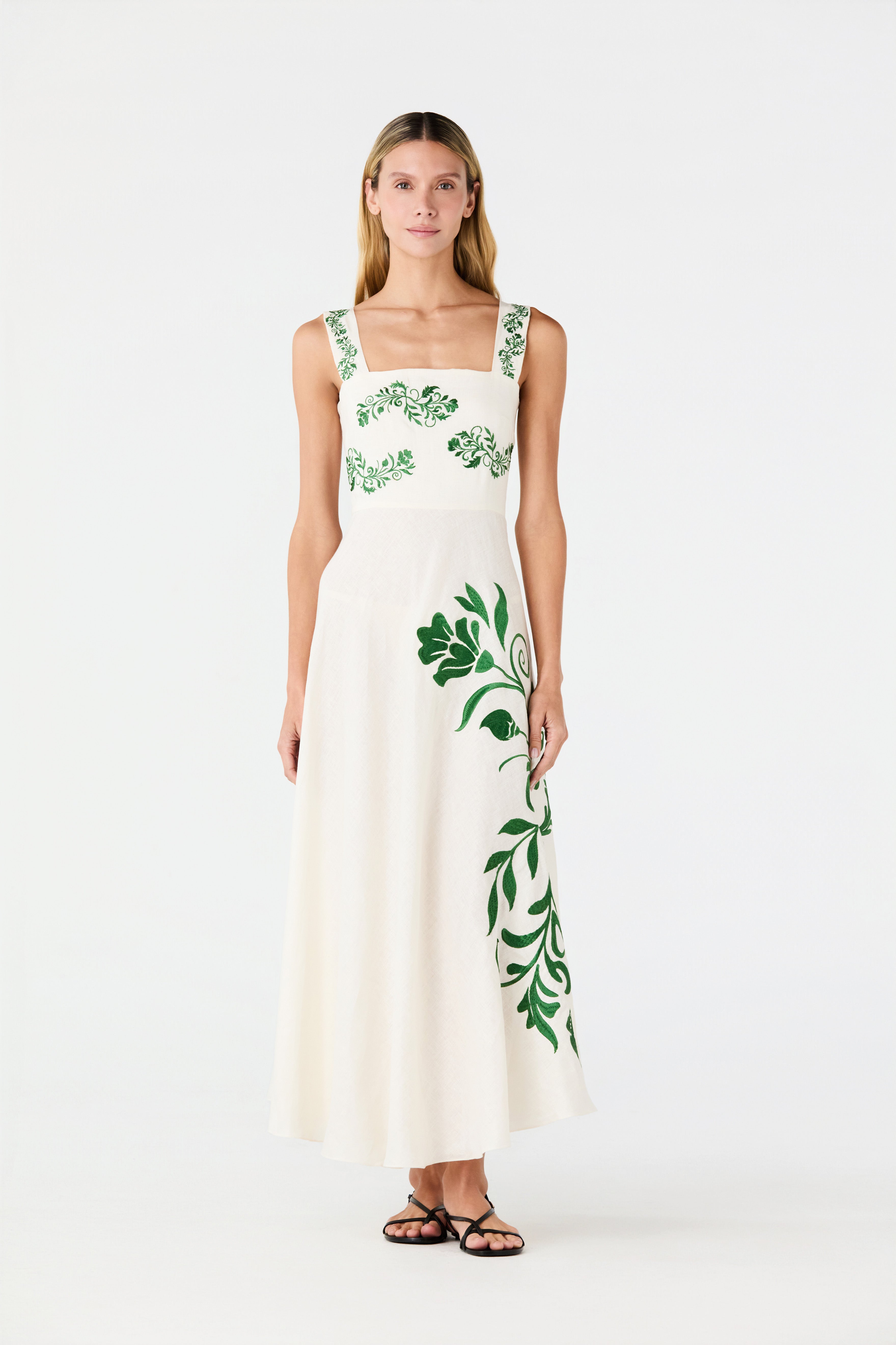 Noelia Embroidered Linen Midi Dress in Ivory Green Buganvilias