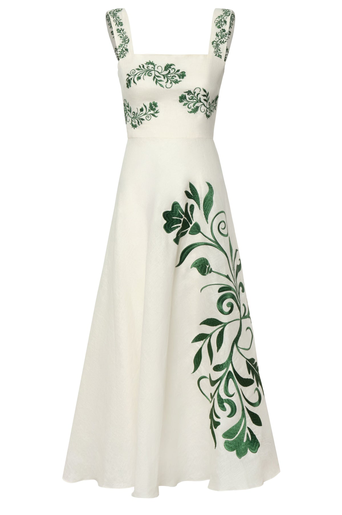 Noelia Embroidered Linen Midi Dress in Ivory Green Buganvilias