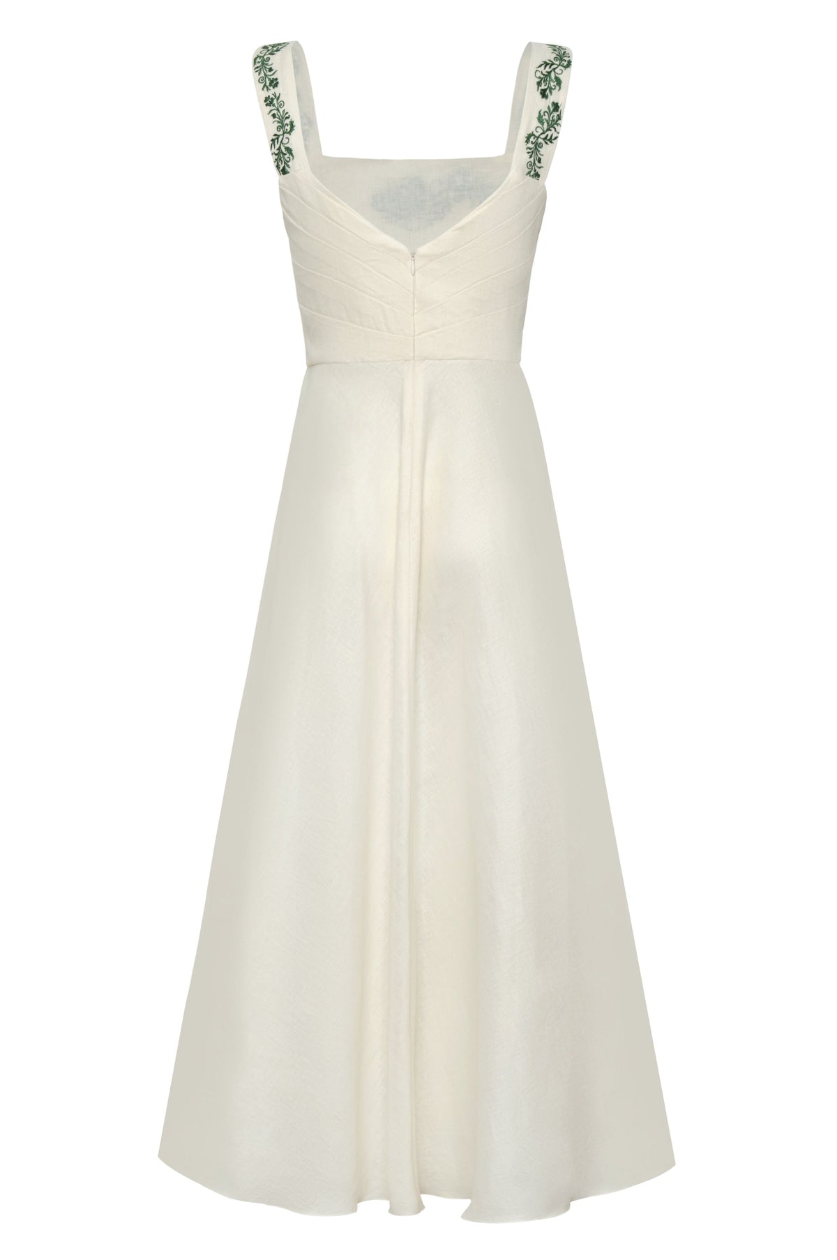 Noelia Embroidered Linen Midi Dress in Ivory Green Buganvilias