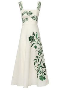 Noelia Embroidered Linen Midi Dress in Ivory Green Buganvilias