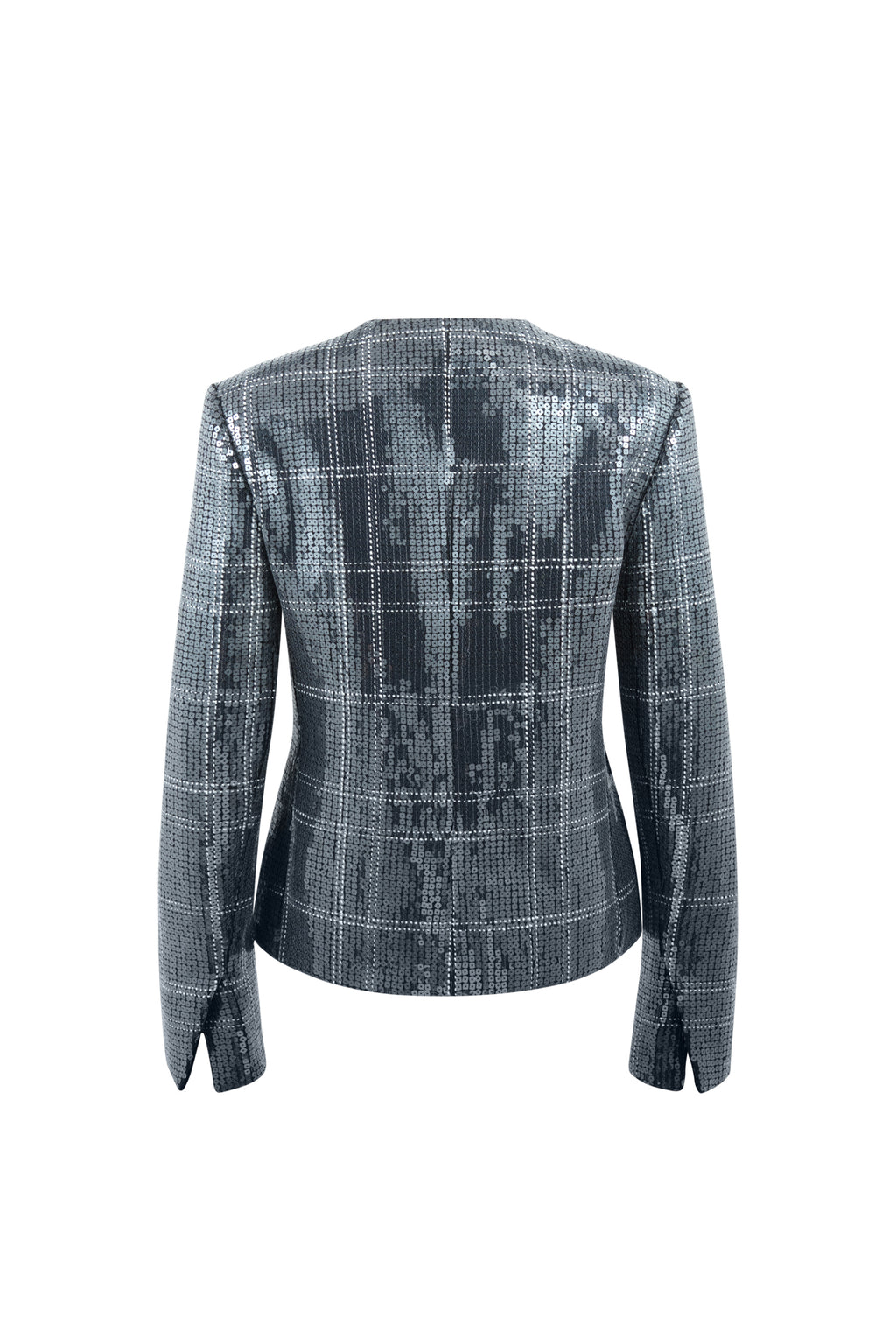 Back view of Noor Sequin blazer showcasing shimmering silver sequin fabric and cropped silhouette on a white background