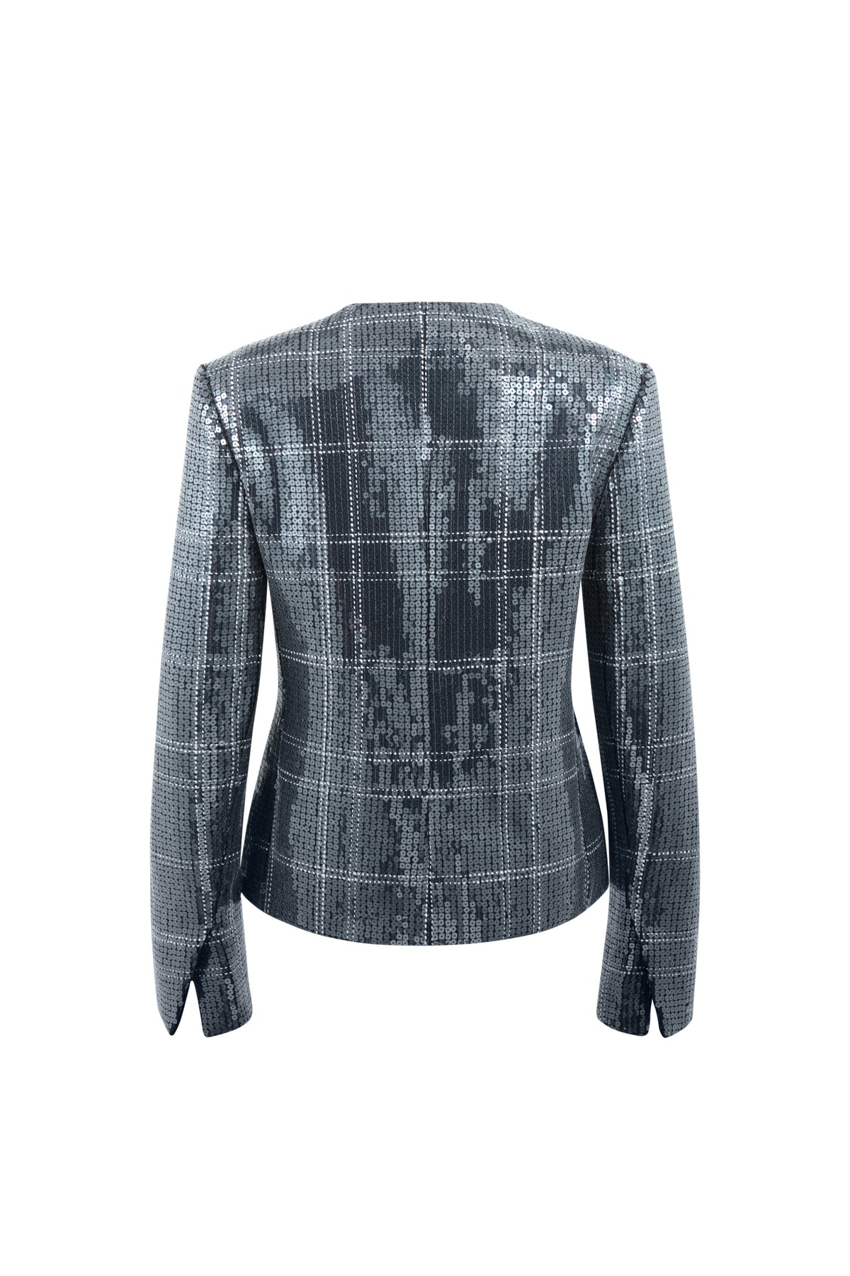 Back view of Noor Sequin blazer showcasing shimmering silver sequin fabric and cropped silhouette on a white background