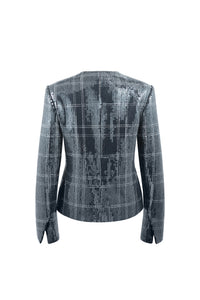 Back view of Noor Sequin blazer showcasing shimmering silver sequin fabric and cropped silhouette on a white background