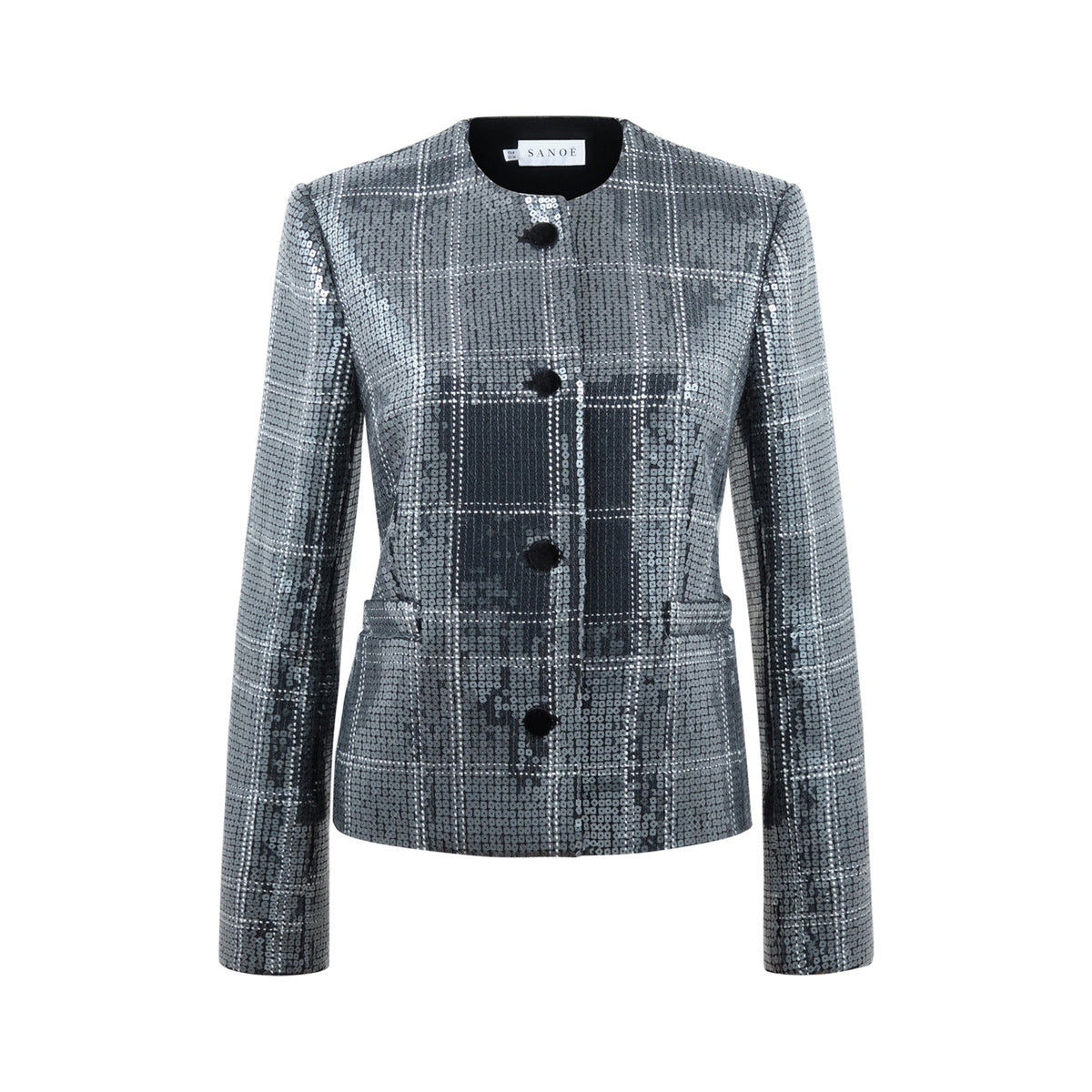 Front view of Noor Sequin in Silver blazer showcasing silver sequin fabric and black velvet buttons on a white background