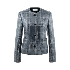 Front view of Noor Sequin in Silver blazer showcasing silver sequin fabric and black velvet buttons on a white background