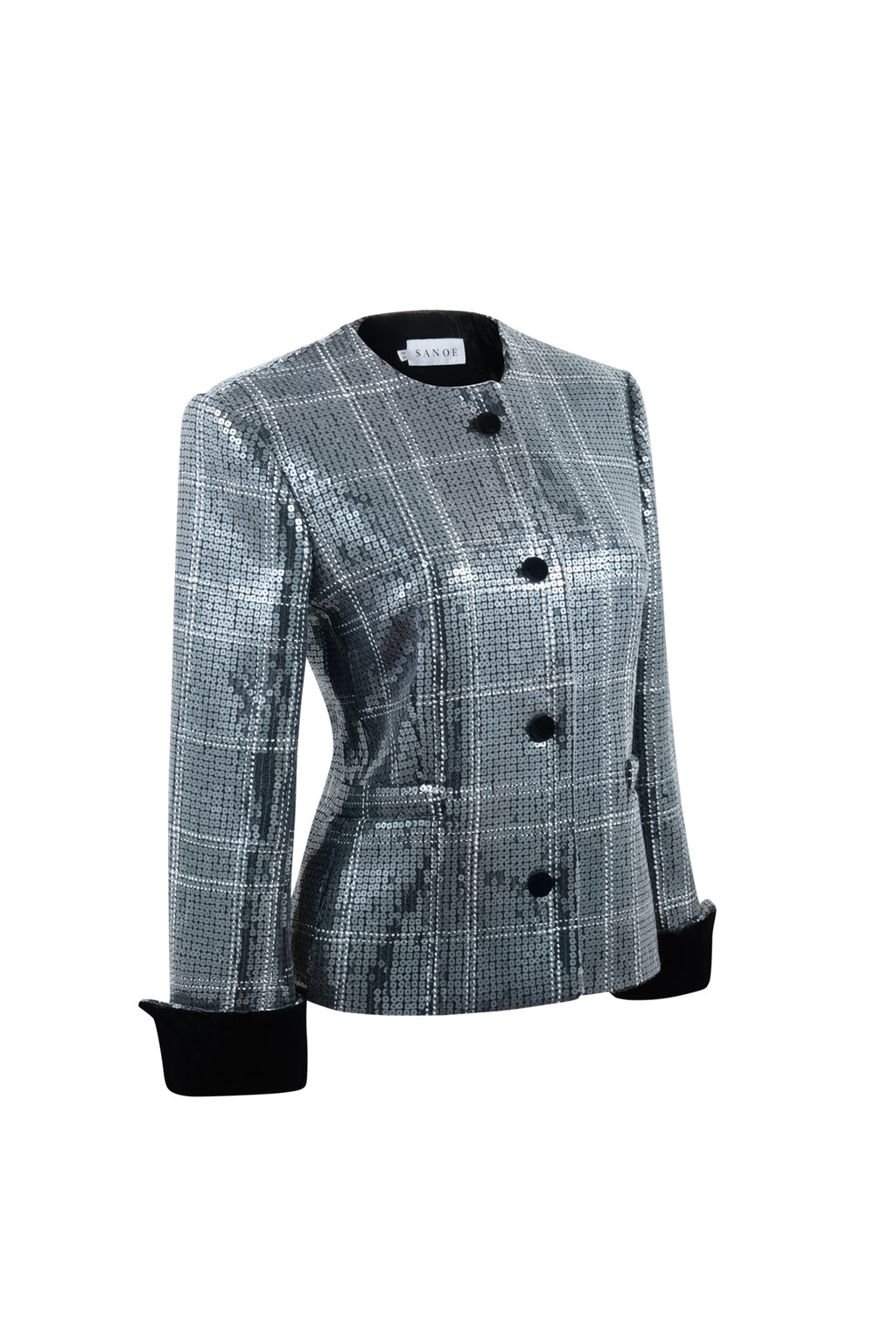 Three-quarter view of Noor Sequin in Silver blazer with silver sequins, black velvet accents, and cropped silhouette