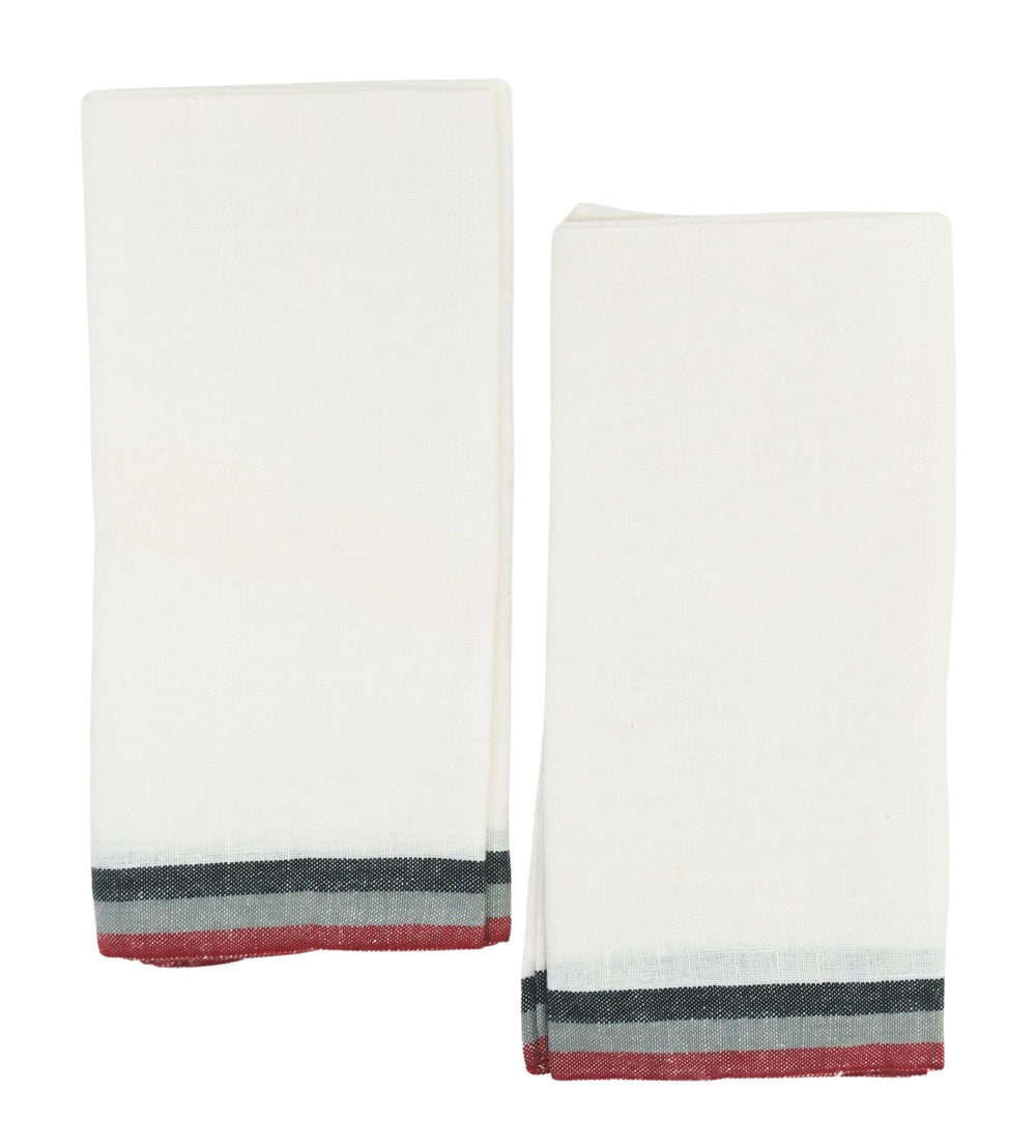 Normandy White Tea Towels in Red, Grey, & Black Stripes, Set of 2