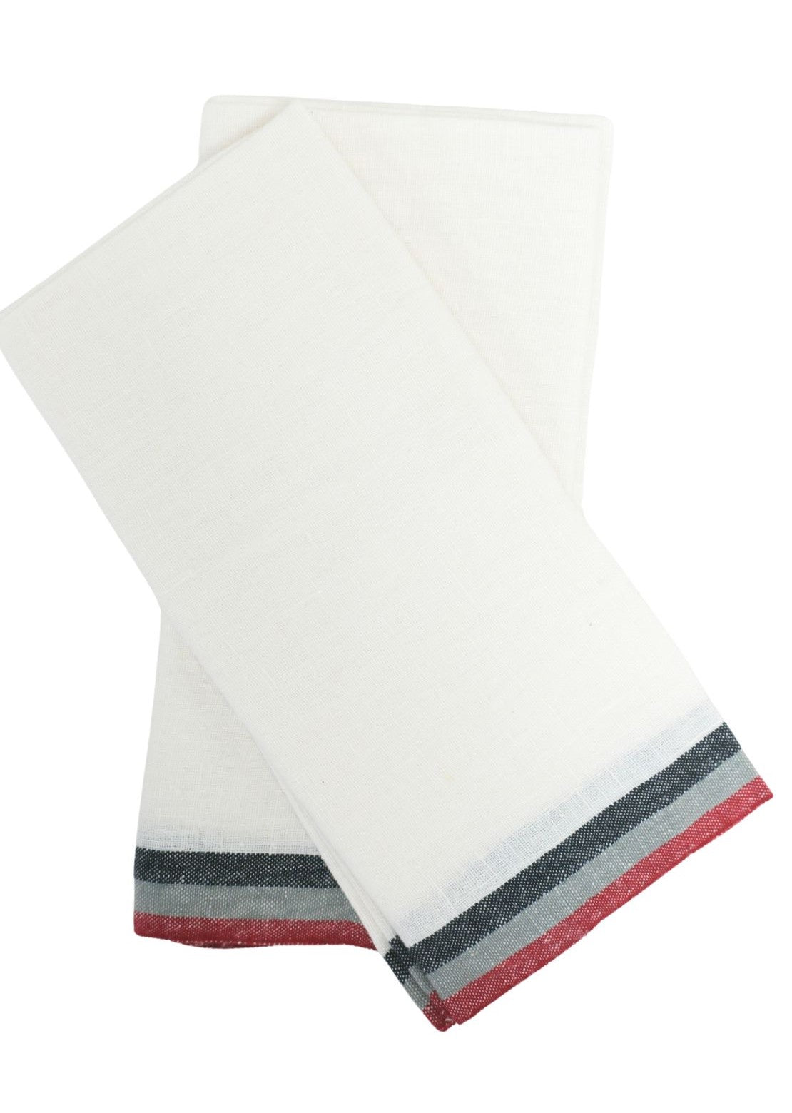 Normandy White Tea Towels in Red, Grey, & Black Stripes, Set of 2