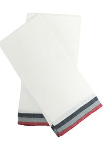 Normandy White Tea Towels in Red, Grey, & Black Stripes, Set of 2