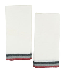Normandy White Tea Towels in Red, Grey, & Black Stripes, Set of 2