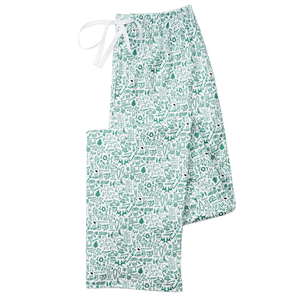 Flat lay of North Pole men’s jogger pants showcasing green hand-drawn holiday doodle print and white drawstring on white background