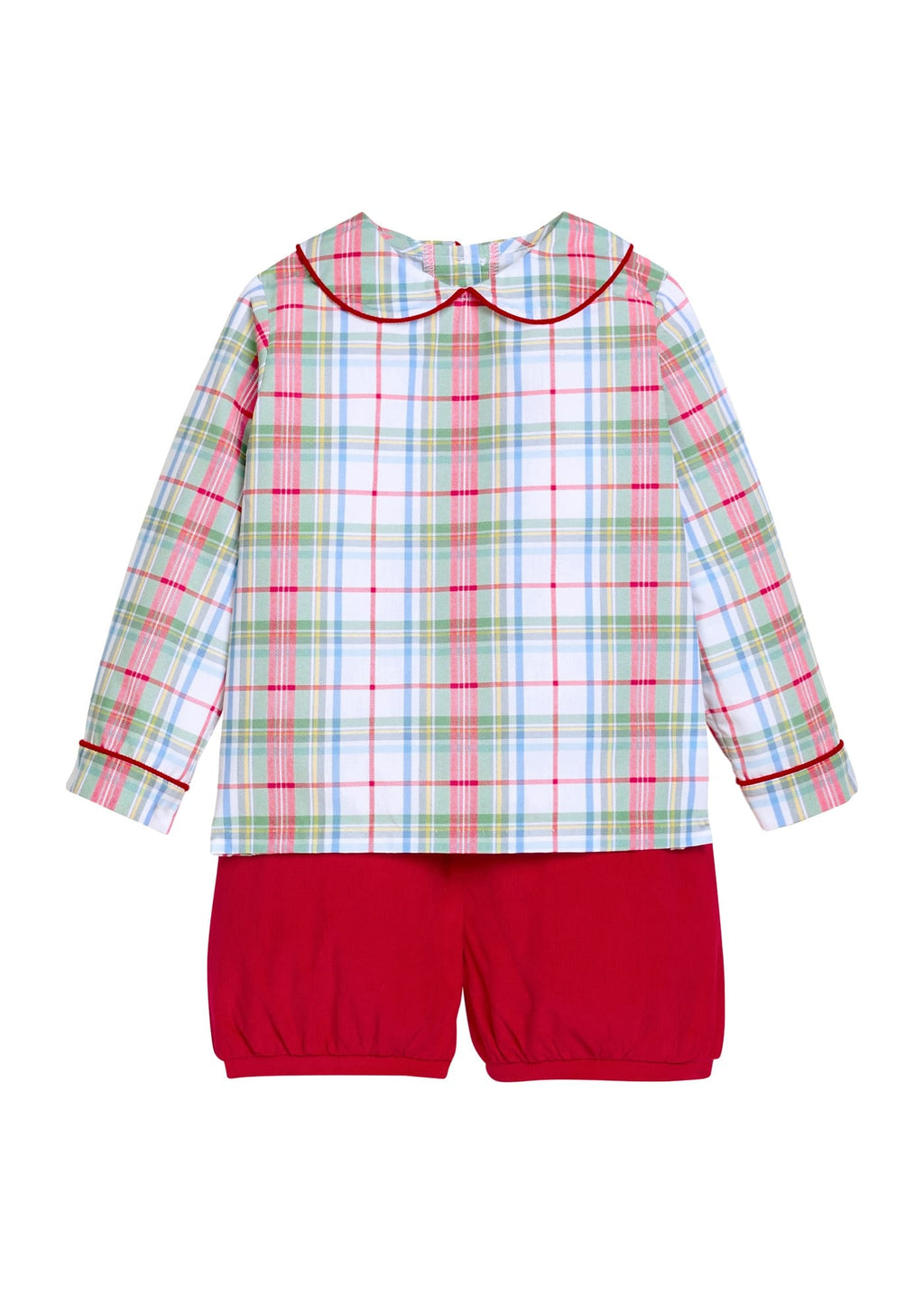 Little English traditional children's clothing.  Long sleeve peter pan shirt in red, green, blue, yellow, and white Douglas Plaid for little boys paired with red corduroy banded shorts for the holidays