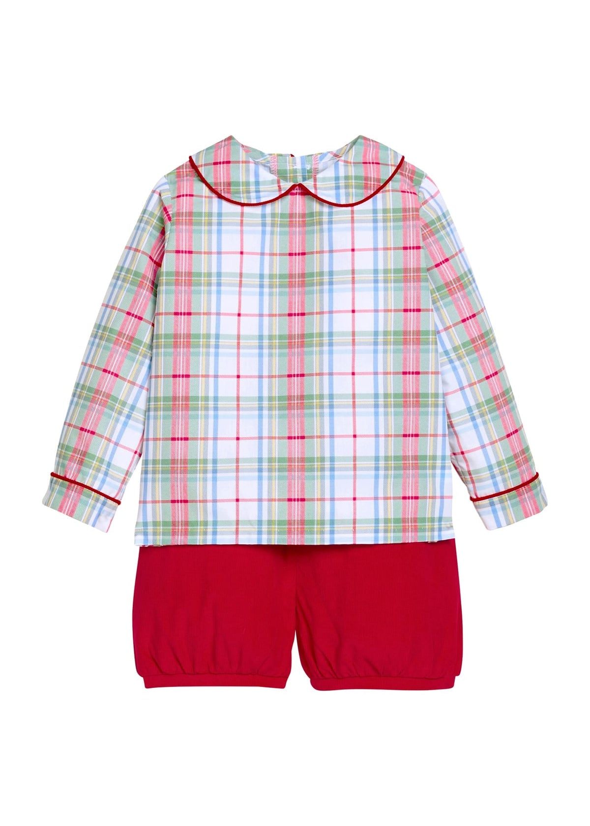 Little English traditional children's clothing.  Long sleeve peter pan shirt in red, green, blue, yellow, and white Douglas Plaid for little boys paired with red corduroy banded shorts for the holidays