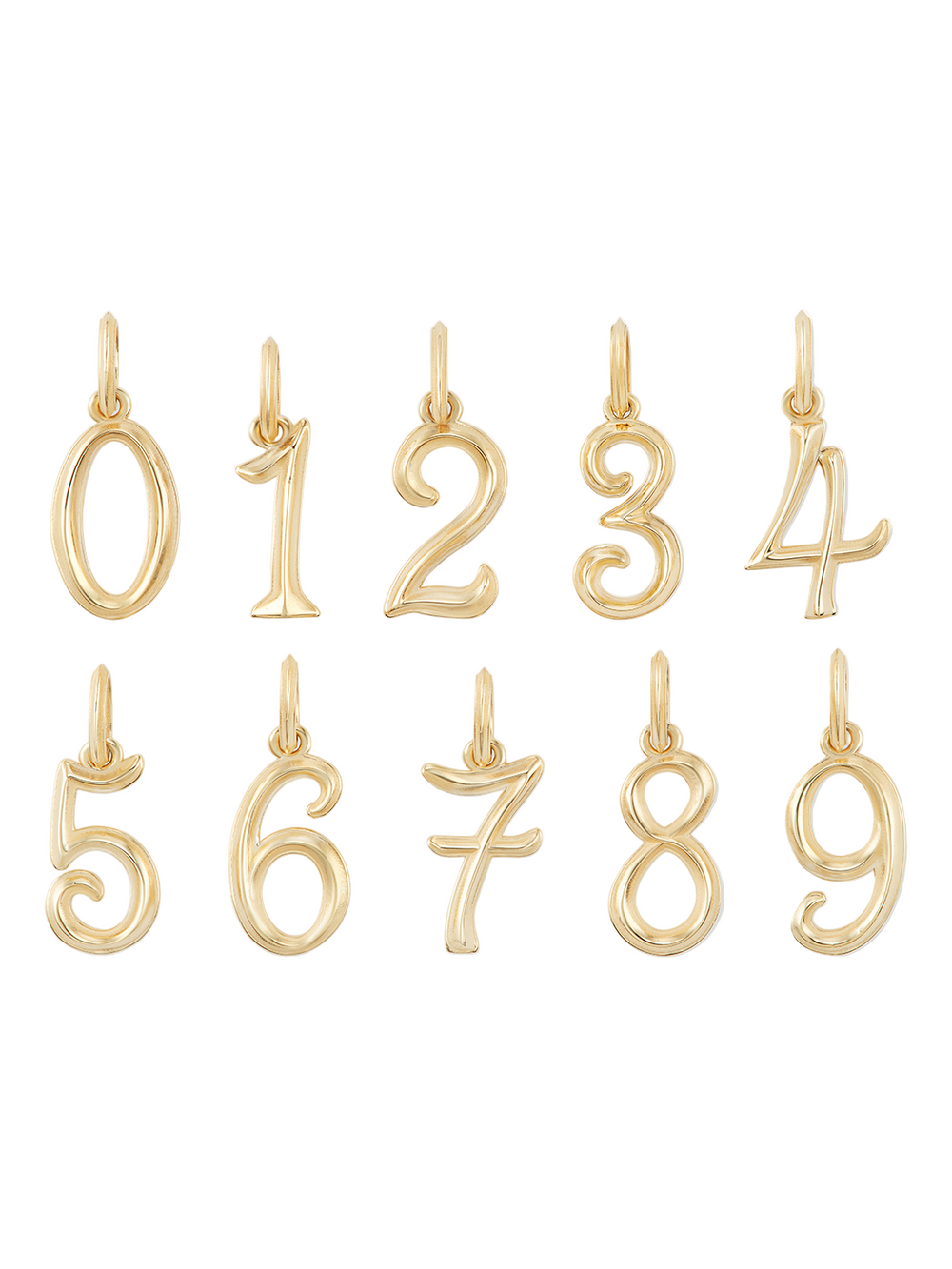 Front view of 14k yellow gold number charms showing raised gold detailing and hanging loops on white background