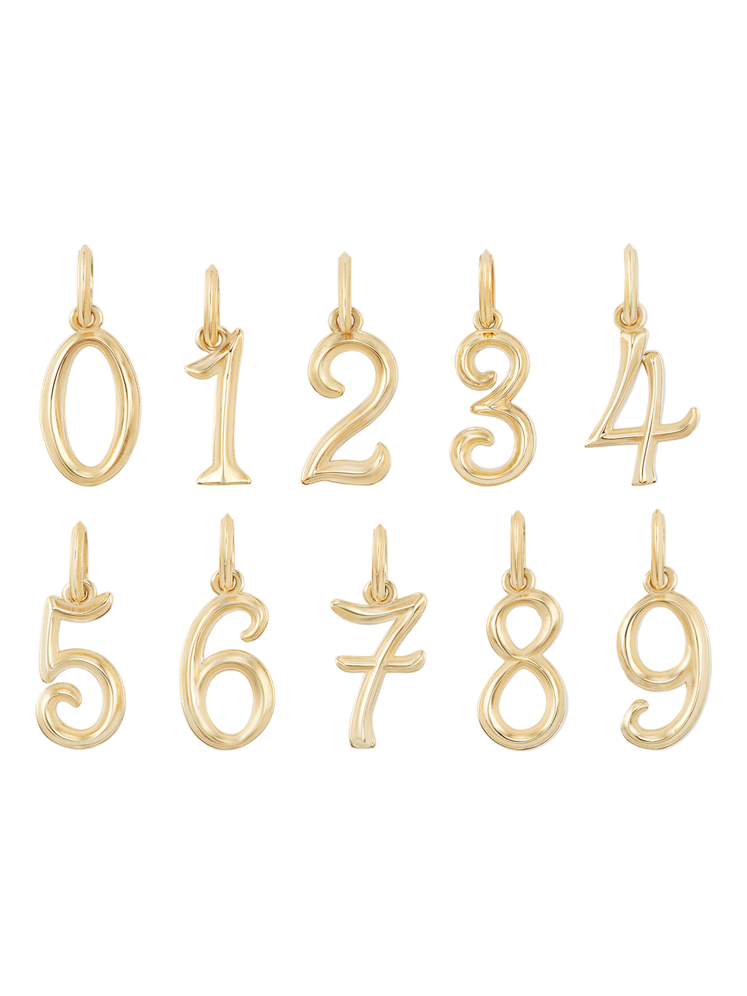Front view of 14k yellow gold number charms showing raised gold detailing and hanging loops on white background