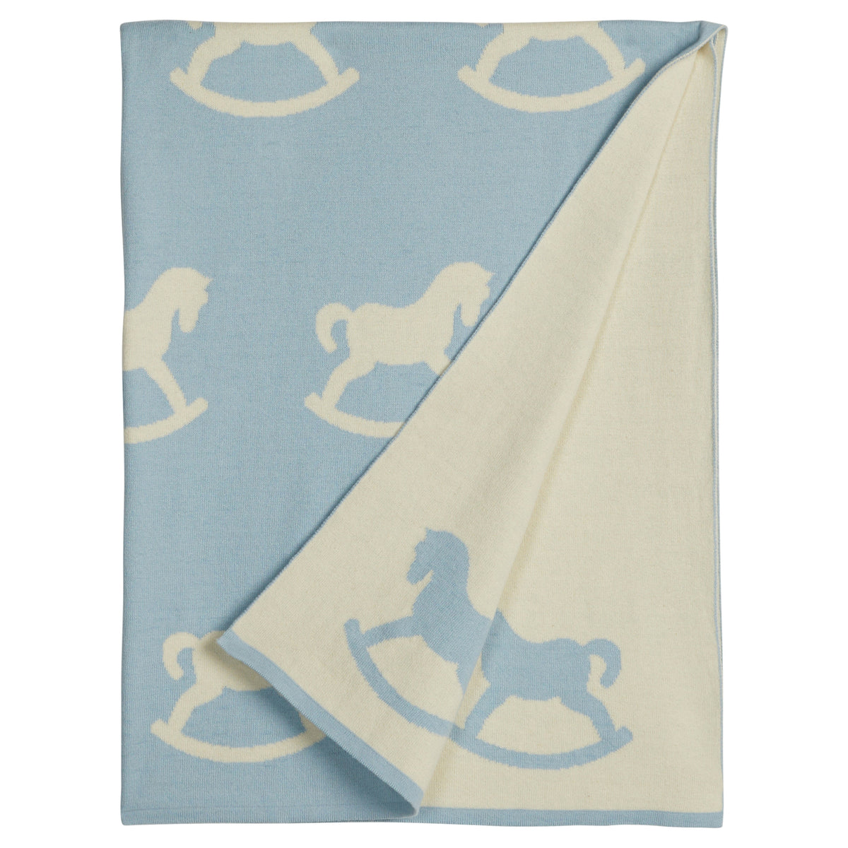 Folded view of Nursery Blanket in Blue Rocking Horse showcasing reversible blue and cream rocking horse motifs on a white background