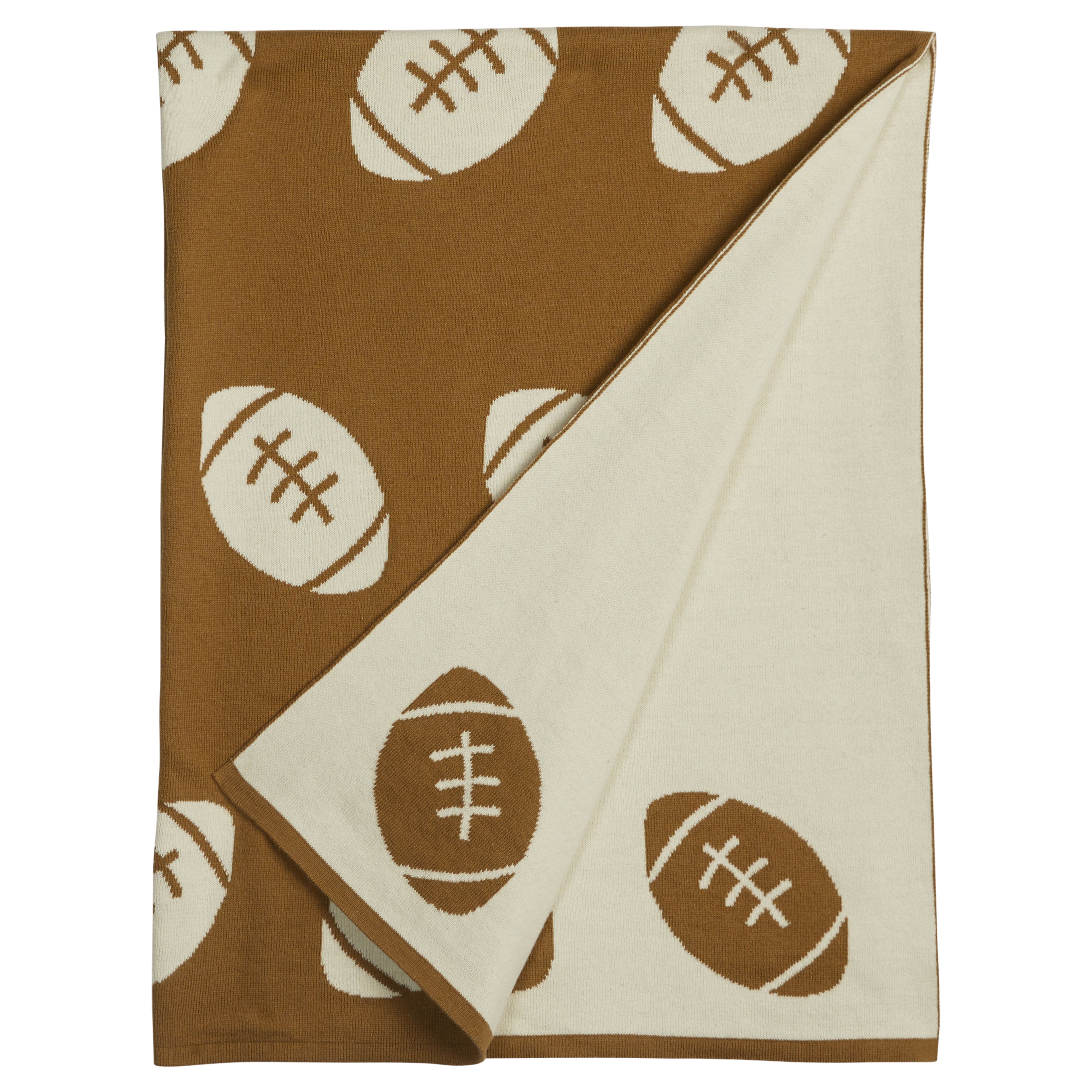 little english classic children's clothing baby boys brown and cream nursery blanket with all around football motif 