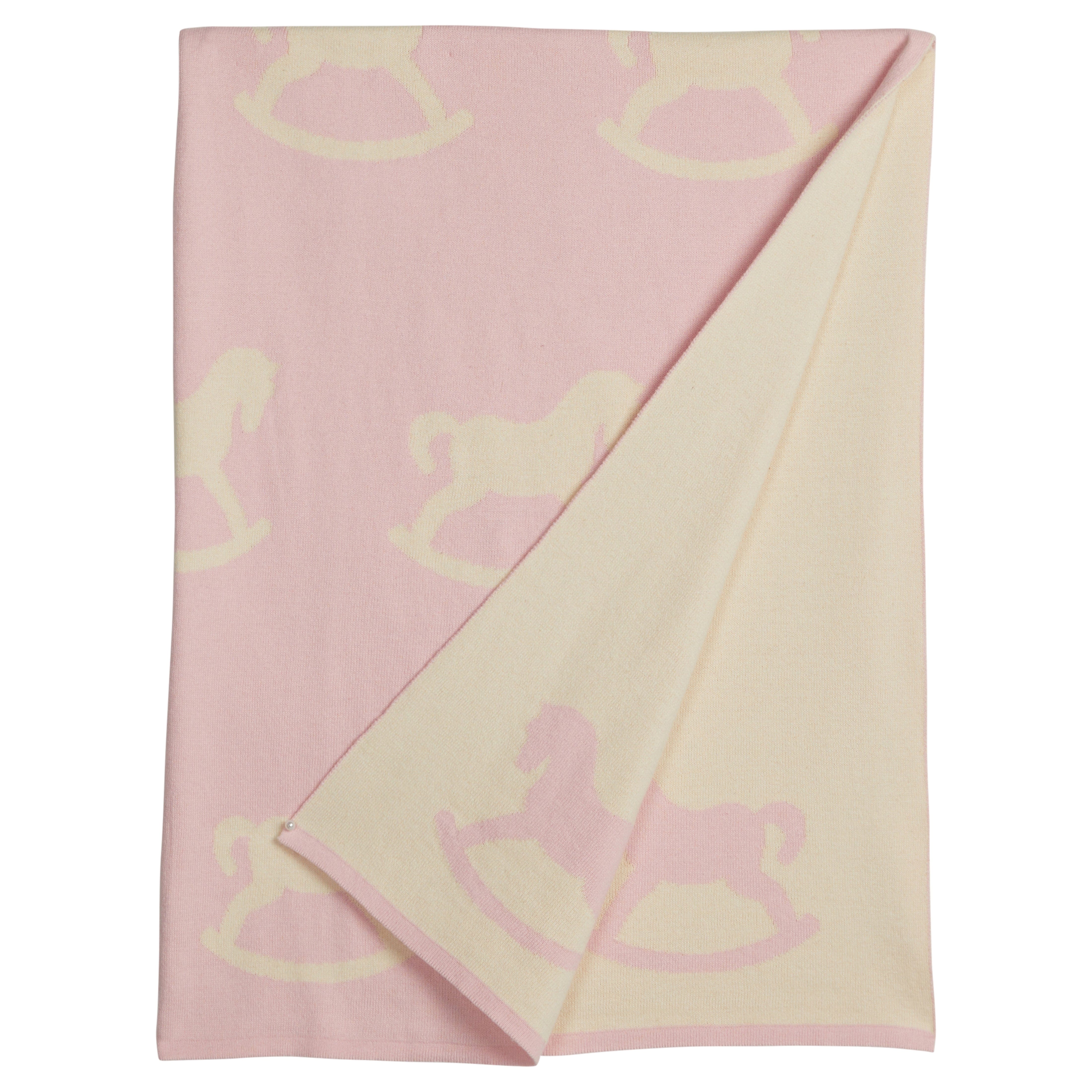 little english classic children's clothing baby girls light pink and cream nursery blanket with all around rocking horse motif 