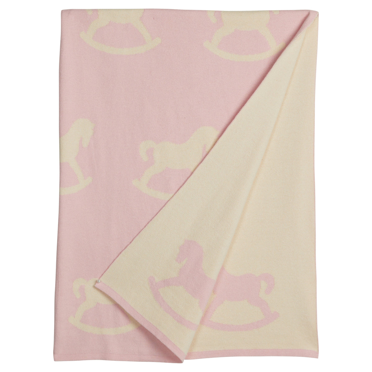 little english classic children's clothing baby girls light pink and cream nursery blanket with all around rocking horse motif 