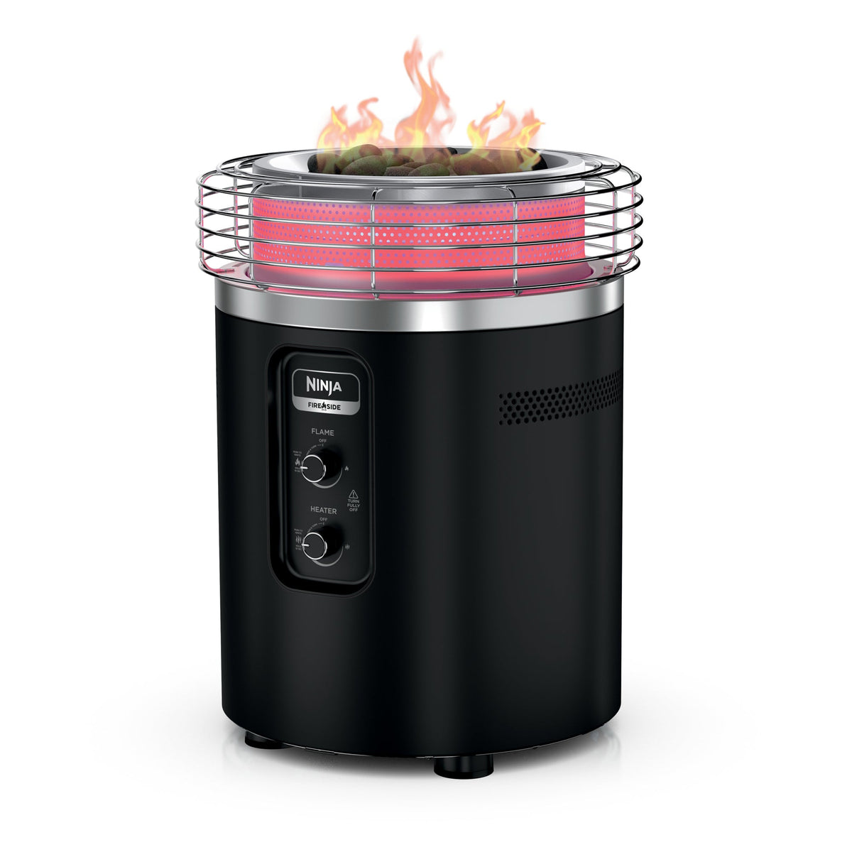 Front view of Ninja Fireside360 fire pit and outdoor heater with visible flames, protective grate, and dual controls