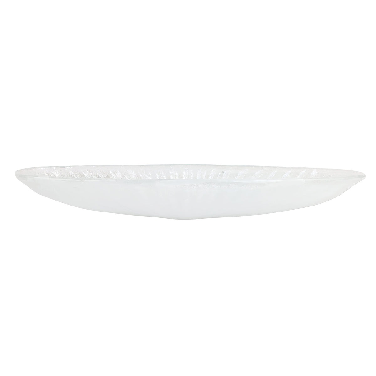 Side view of Onda Glass White Long Oval Bowl showcasing its elongated oval shape and textured rim against a white background