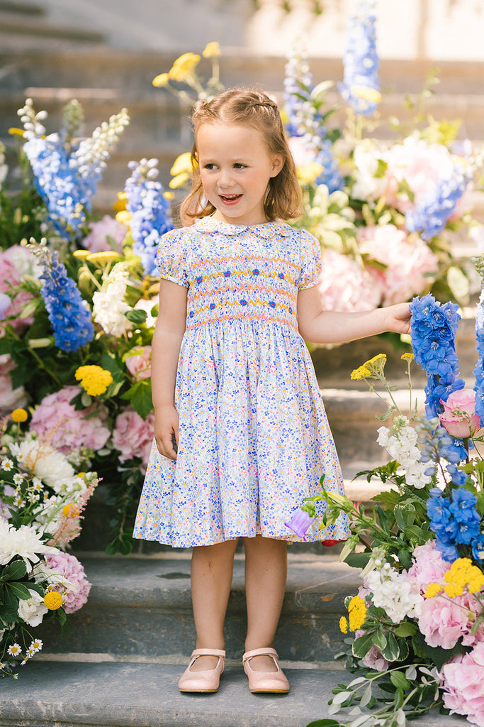 Ondine Floral Blue Short Puff Smocked Dress