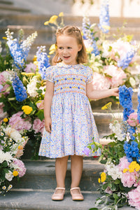 Ondine Floral Blue Short Puff Smocked Dress