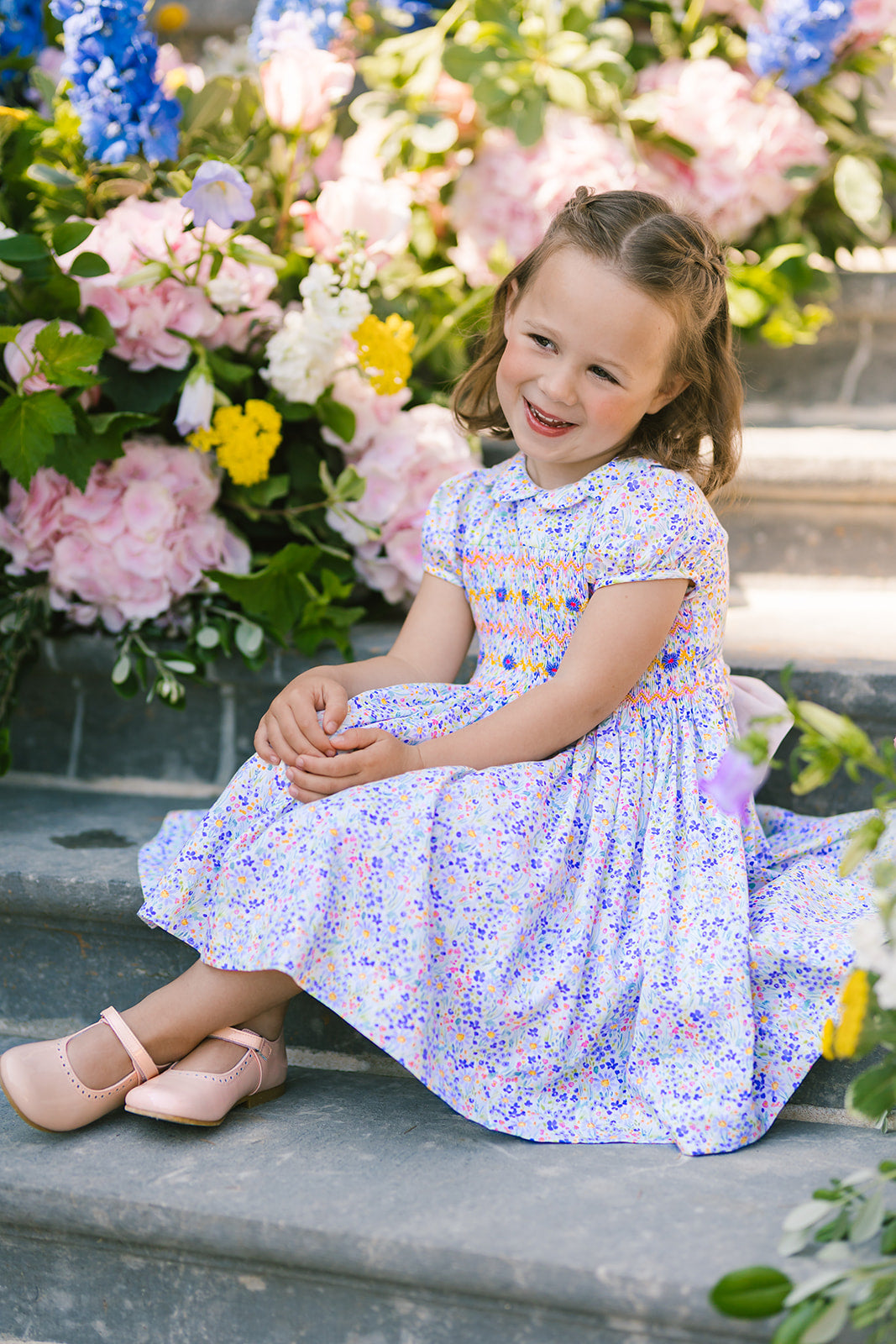 Ondine Floral Blue Short Puff Smocked Dress