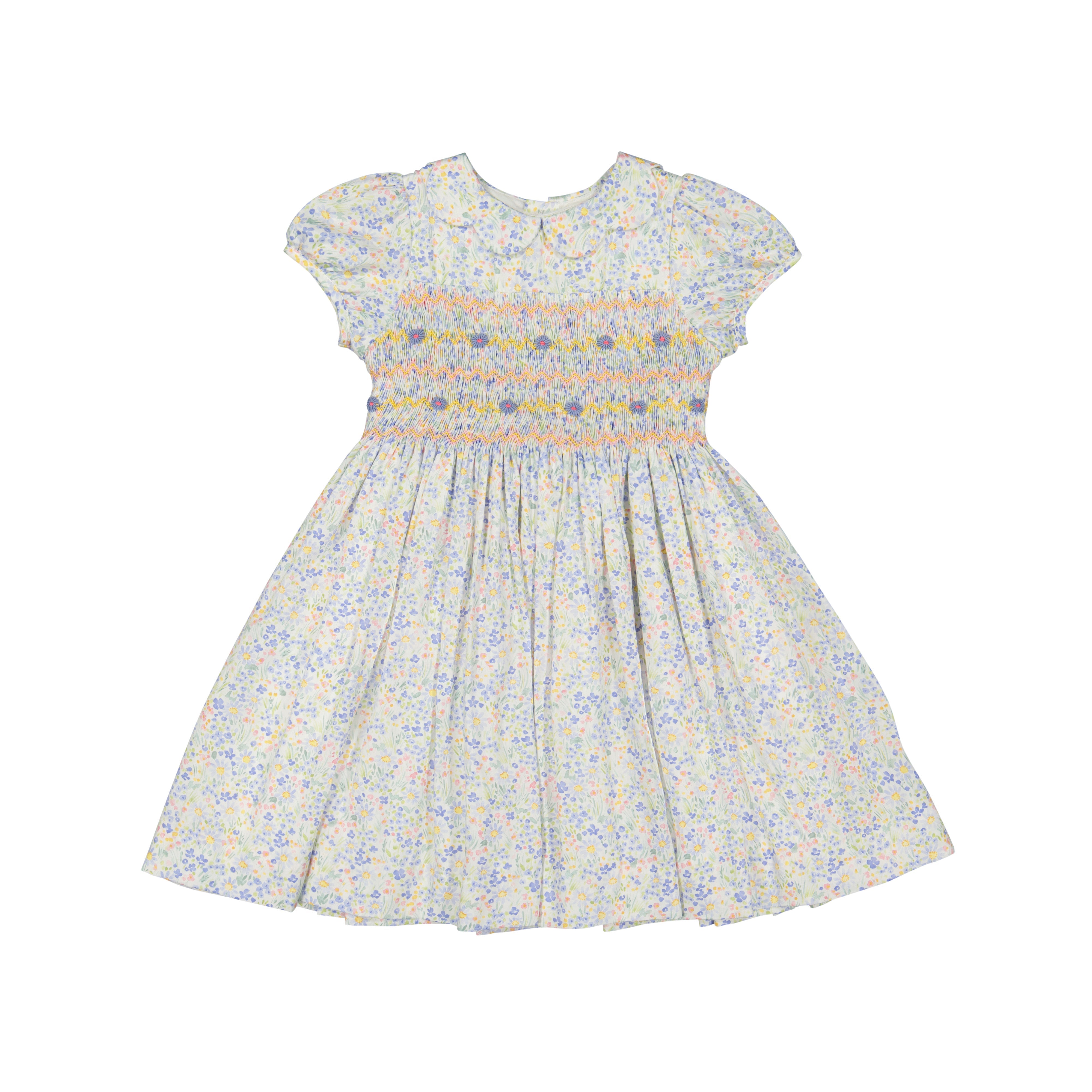 Ondine Floral Blue Short Puff Smocked Dress