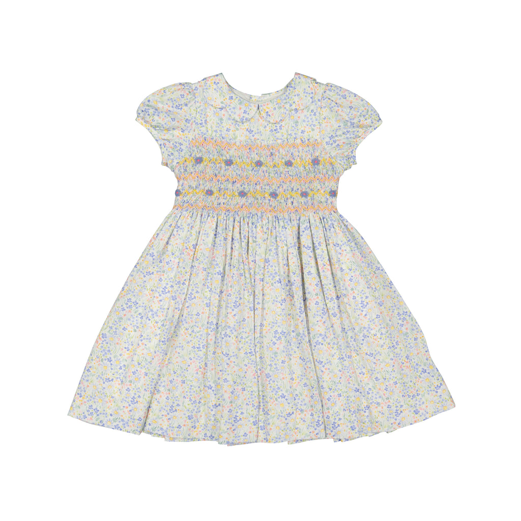 Ondine Floral Blue Short Puff Smocked Dress