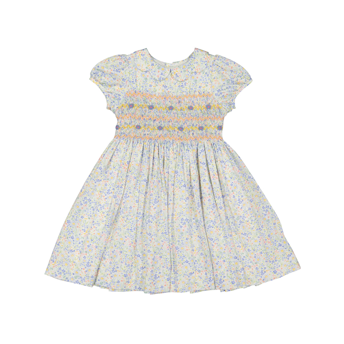 Ondine Floral Blue Short Puff Smocked Dress