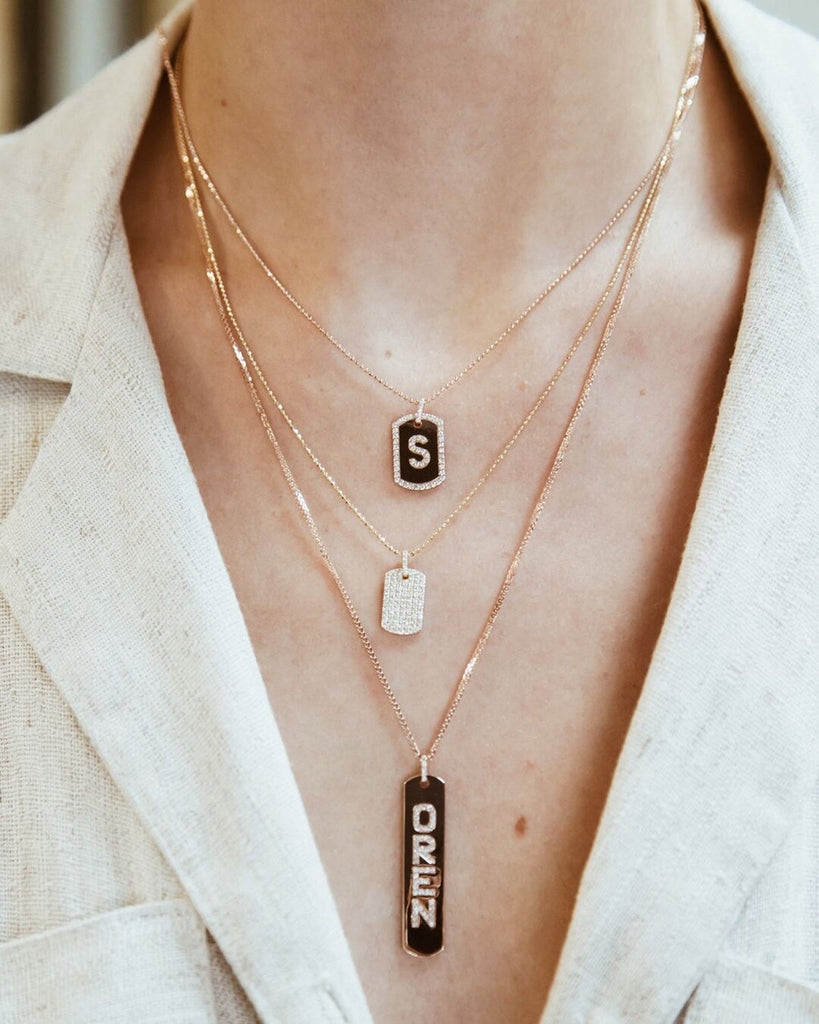 Longtag Necklace shown layered with the Initial Diamond Dogtag and the Diamond Dogtag., 14k yellow gold, 14k yellow gold, 14k rose gold, 14k white gold