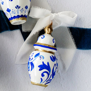 Ornaments Figural Ginger Jar with Large Flowers Ornament in Blue