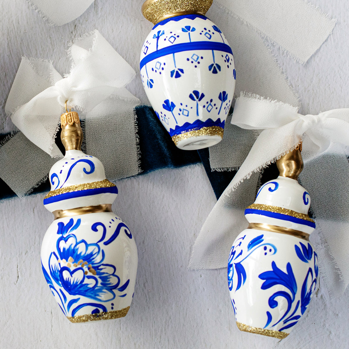 Ornaments Figural Ginger Jar with Large Flowers Ornament in Blue