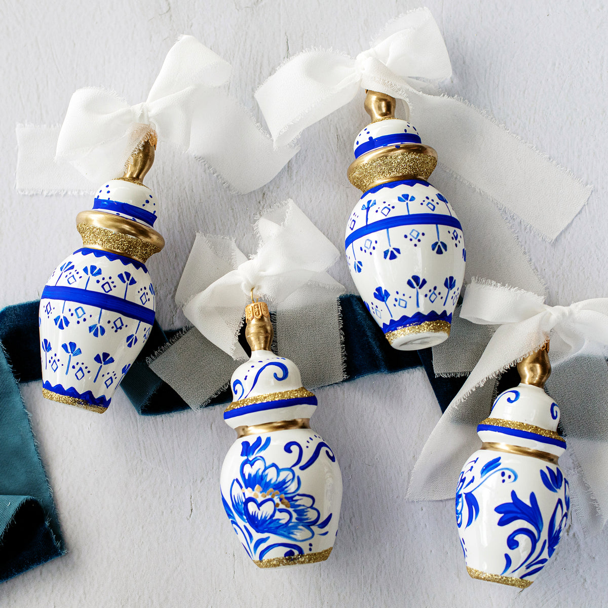 Ornaments Figural Ginger Jar with Large Flowers Ornament in Blue