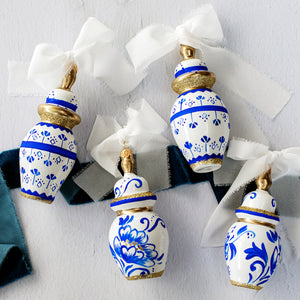 Ornaments Figural Ginger Jar with Large Flowers Ornament in Blue
