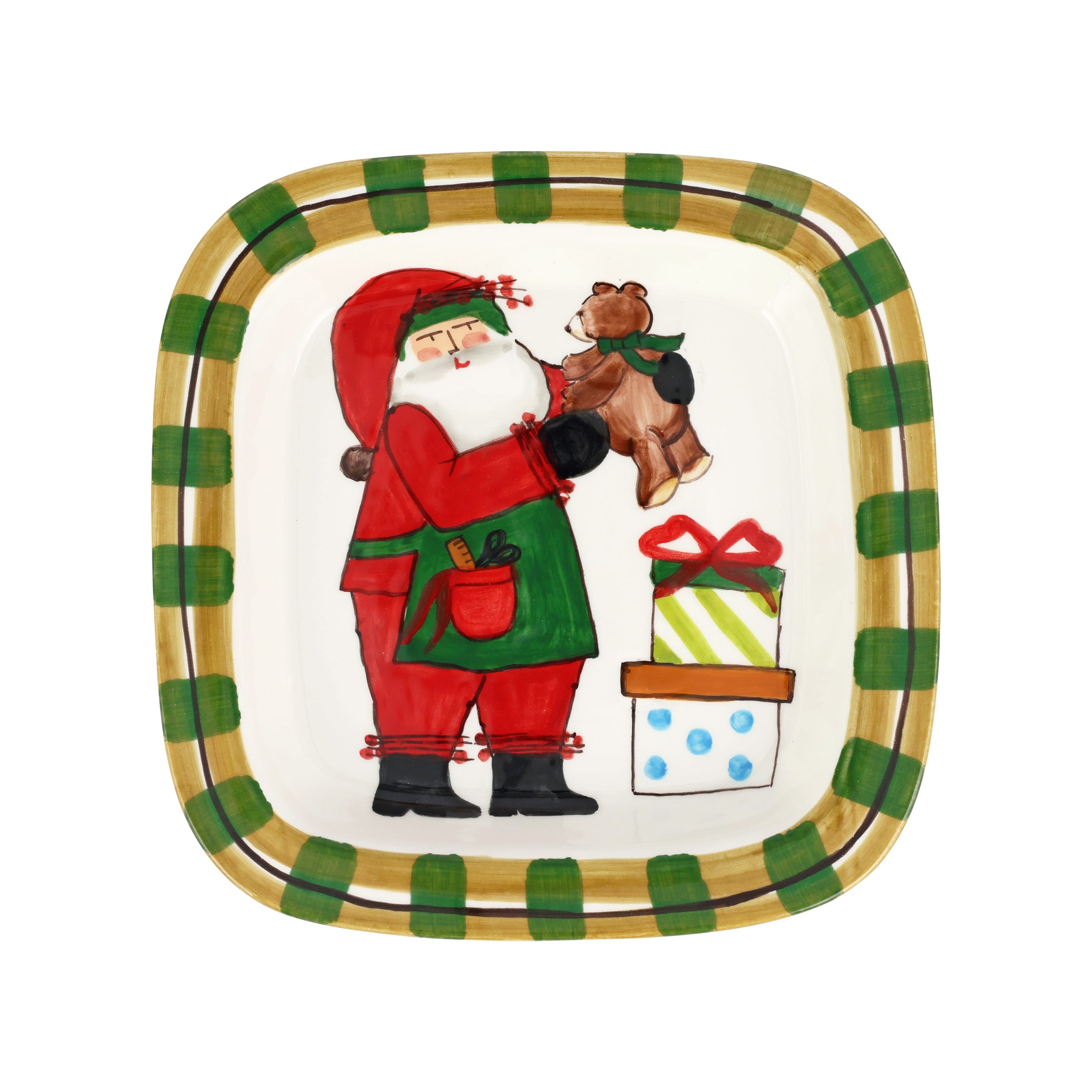 Old St. Nick Small Rimmed Square Platter with Teddy Bear in Red