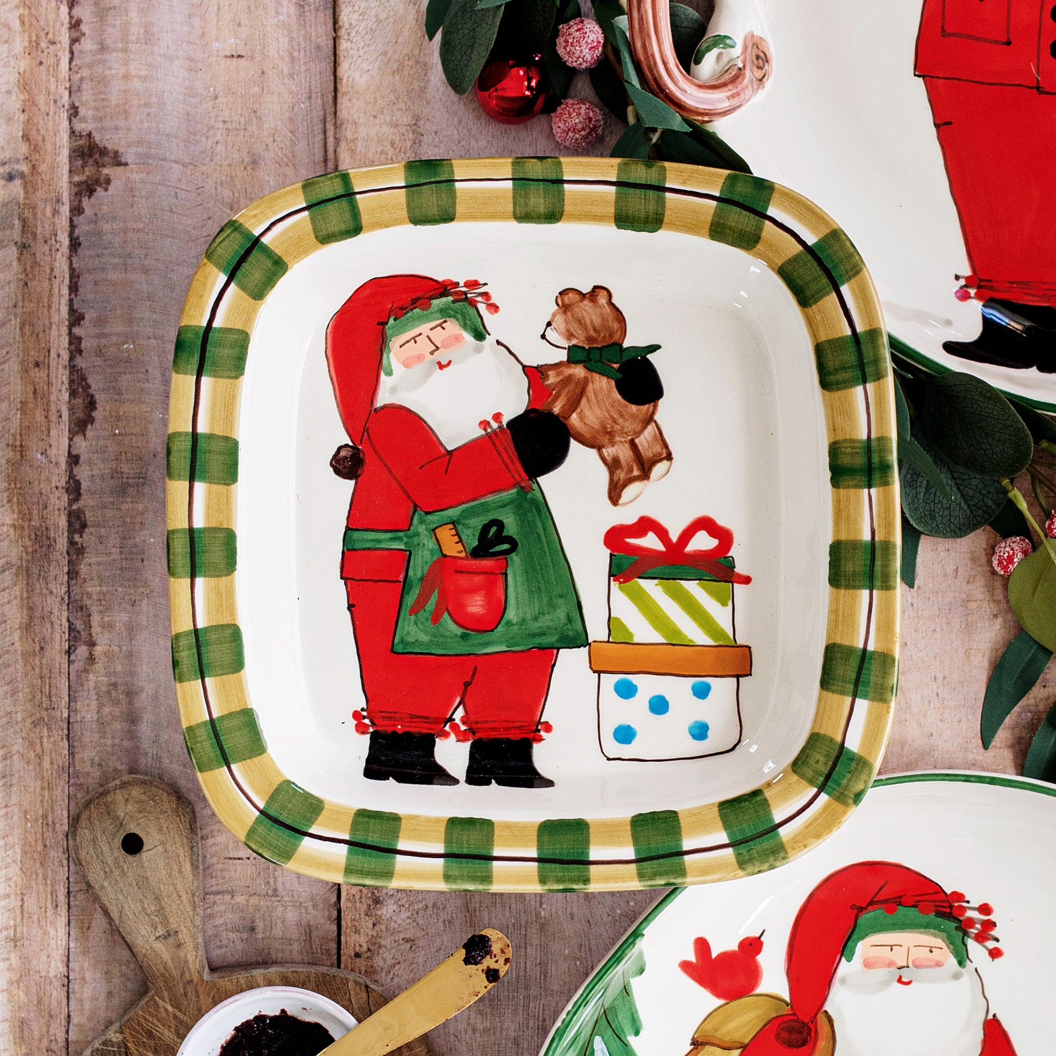 Old St. Nick Small Rimmed Square Platter with Teddy Bear in Red