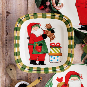 Old St. Nick Small Rimmed Square Platter with Teddy Bear in Red