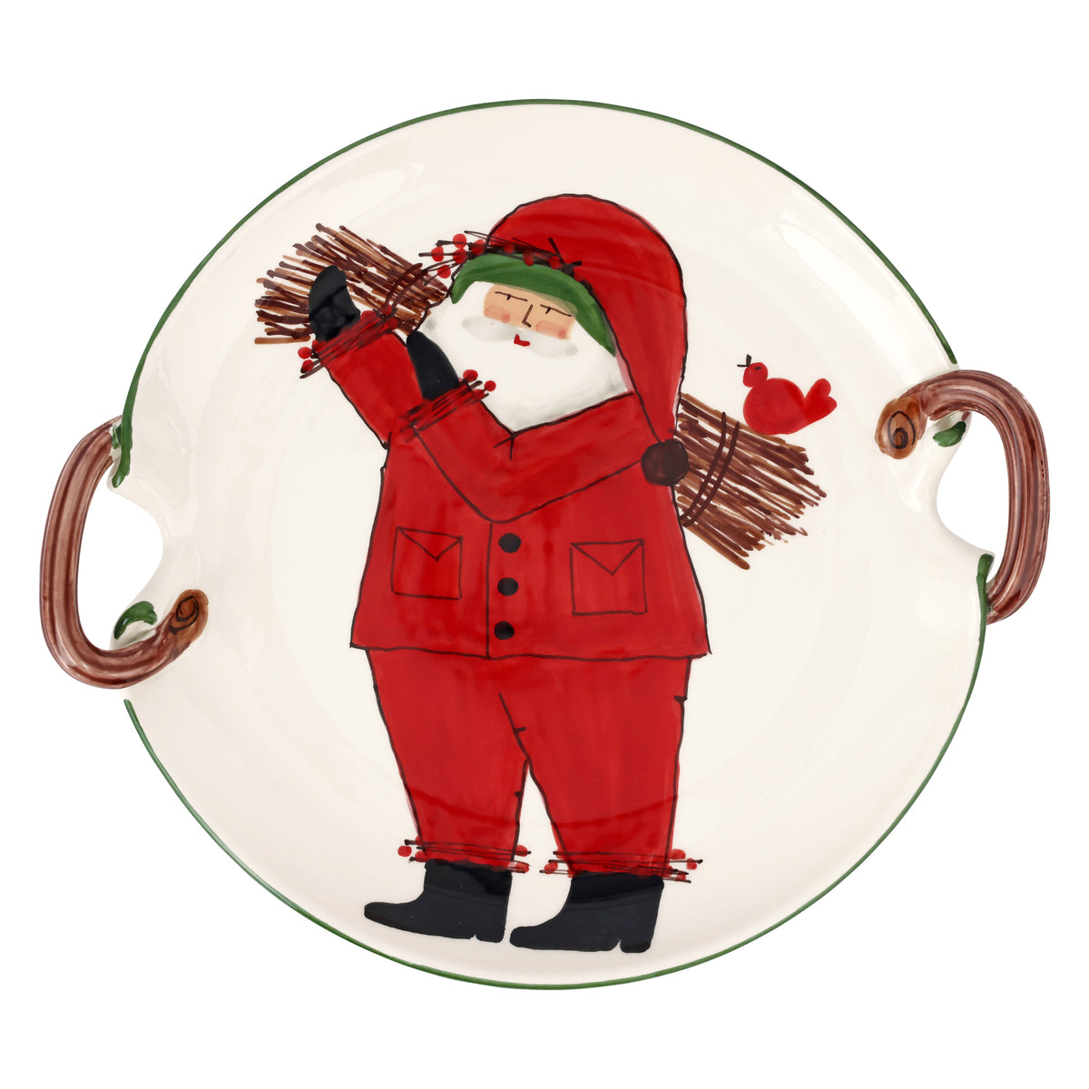 Old St. Nick Handled Round Platter with Sticks in Red