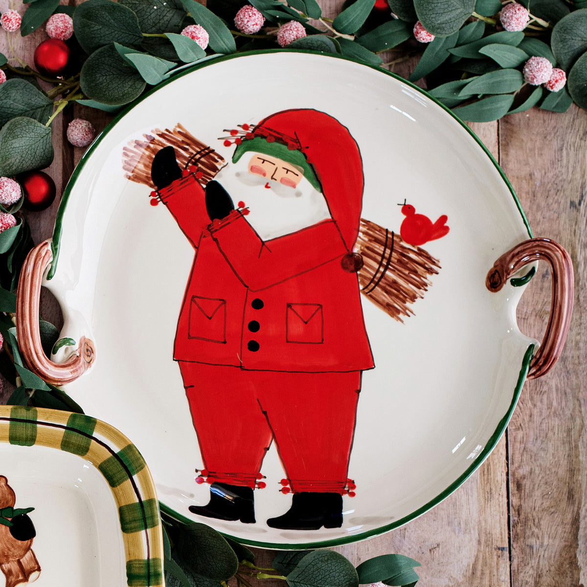 Old St. Nick Handled Round Platter with Sticks in Red
