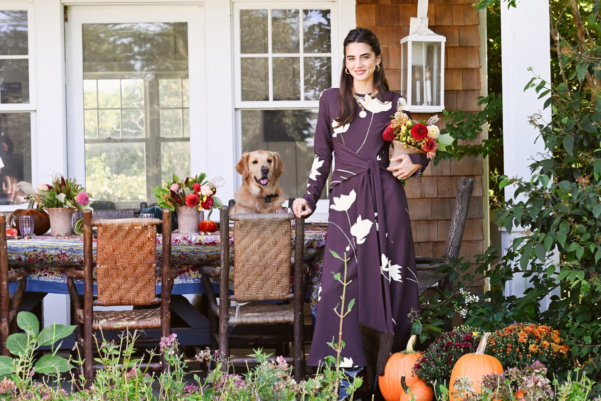 Floral Printed Crepe Long Sleeve Tie Waist Dress in Cocoa & Sunlight