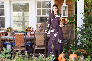 Floral Printed Crepe Long Sleeve Tie Waist Dress in Cocoa & Sunlight