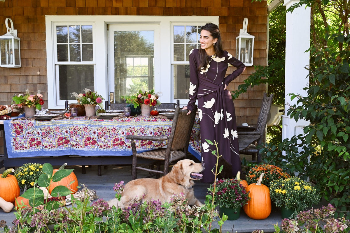 Floral Printed Crepe Long Sleeve Tie Waist Dress in Cocoa & Sunlight