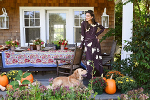 Floral Printed Crepe Long Sleeve Tie Waist Dress in Cocoa & Sunlight