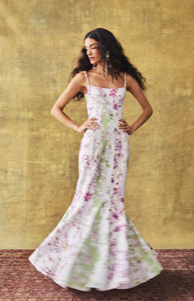 Paige Dress in Spliced Floral Linen