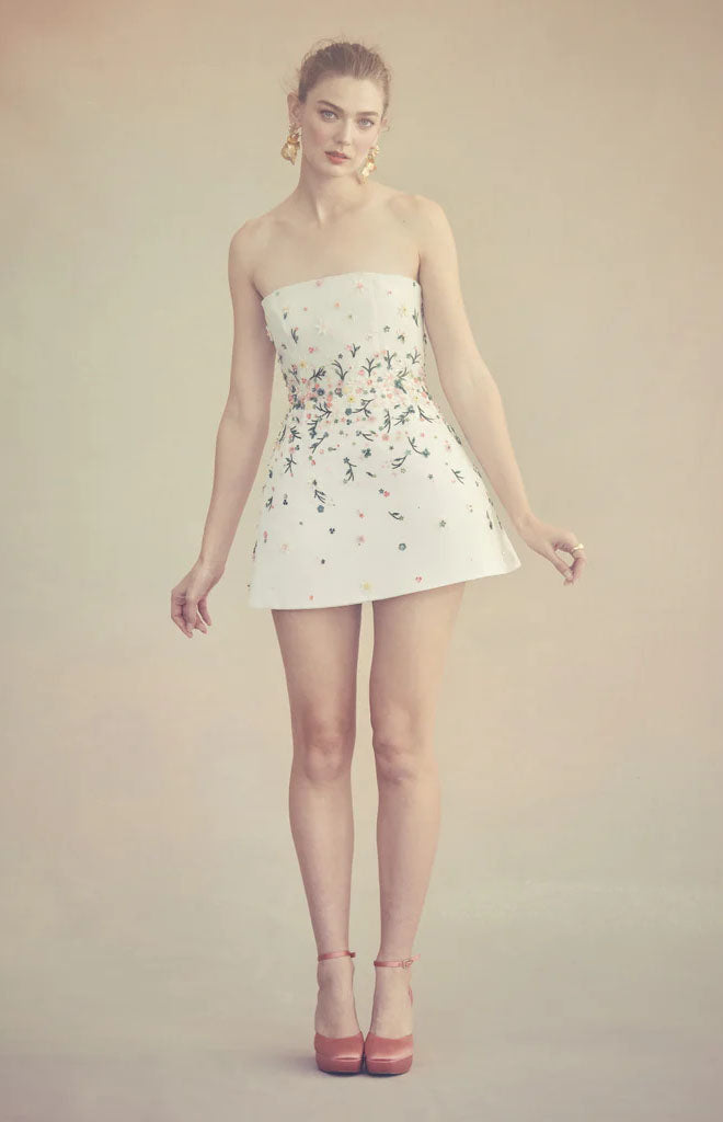 Strapless Ellia Dress in White Organza with Meadow Embellishment